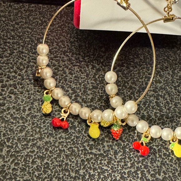 Betsy Johnson Gold Hoop Earrings with Pearl and Fruit Charms - Picture 2 of 3